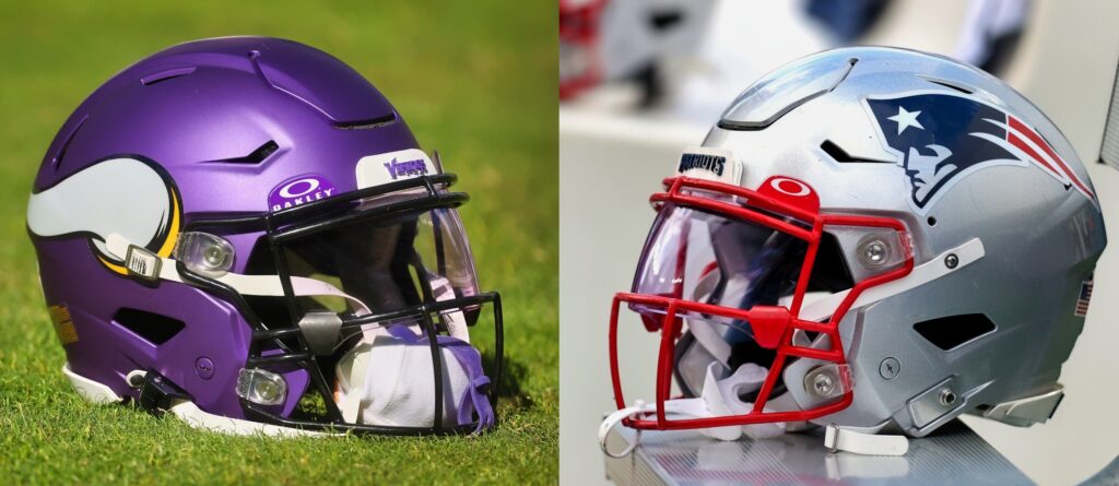 Minnesota Vikings and New England Patriots helmets shown on field.