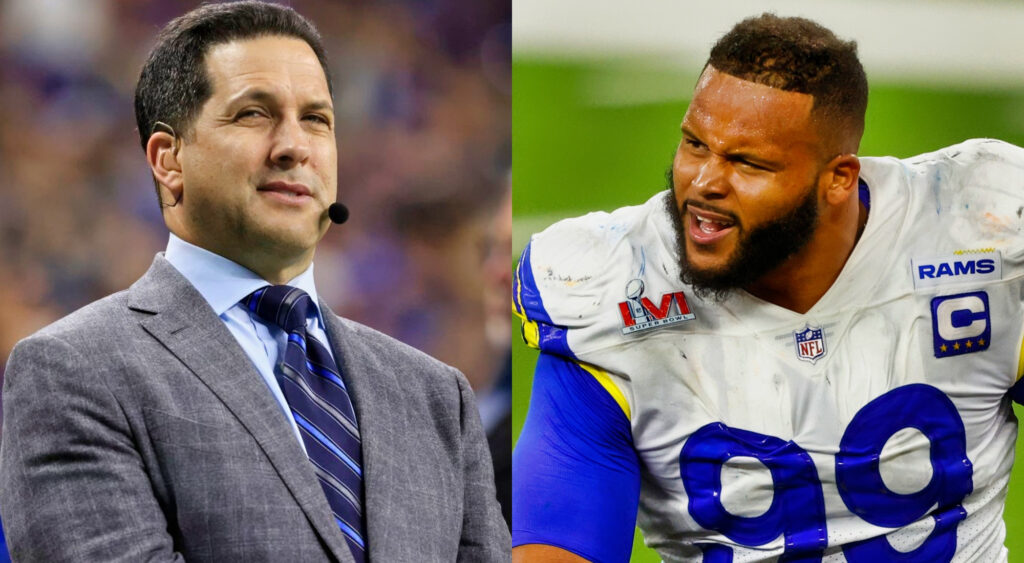Photo of Adam Schefter in a suit and photo of Aaron Donald in a Rams uniform