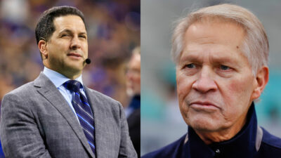 Photo of Adam Schefter wearing headset and close-up photo of Chris Mortenson