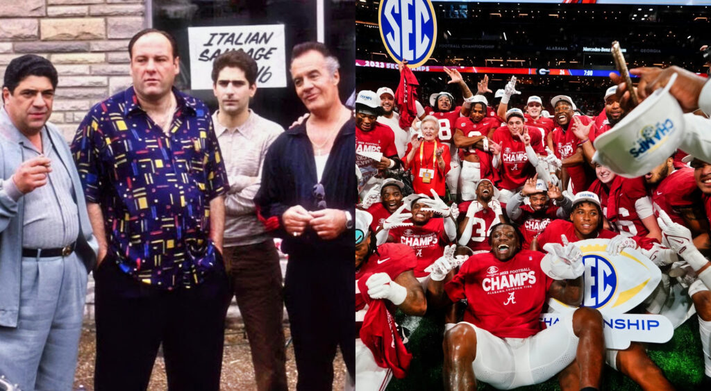 Photo from The Sopranos and photo of Alabama celebrating title win