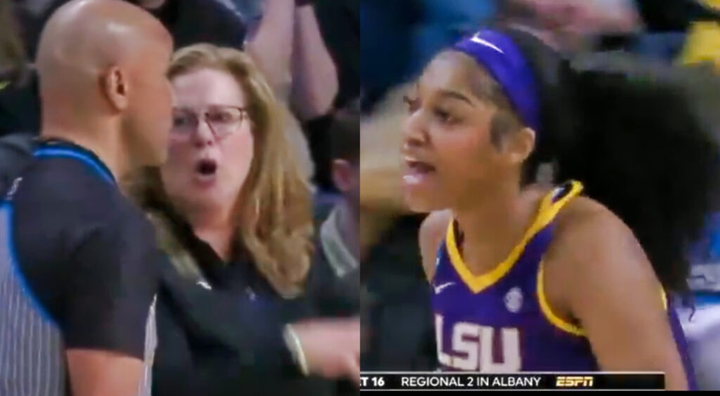 Photo of Cori Close speaking to referee and photo of Angele Reese running off the court