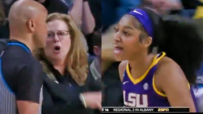 Photo of Cari Close speaking to referee and photo of Angele Reese running off the court