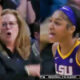 Photo of Cari Close speaking to referee and photo of Angele Reese running off the court