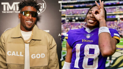 Photo of Antonio Brown smiling and photo of Justin Jefferson gesturing over his eye
