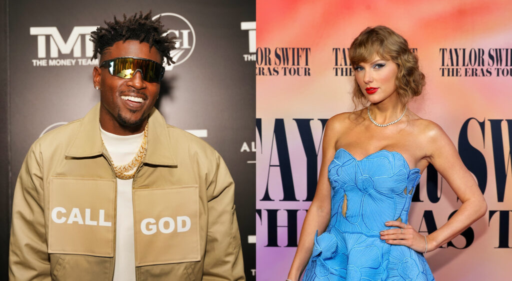 Photo of Antonio Brown smiling and photo of Taylor Swift in blue dress