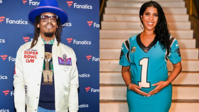 Photo of Cam Newron in white jacket and photo of Jasmin Brown in Panthers Newton jersey