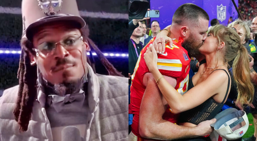 Photo of Cam Newton wearing a hat and photo of Travis Kelce kissing Taylor Swift