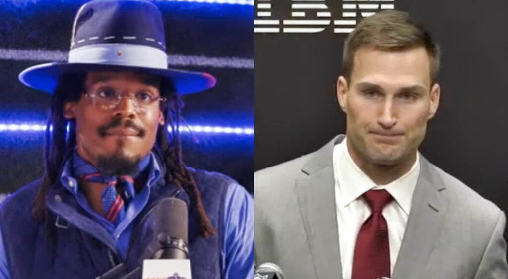 Photo of Cam Newton on podcast and photo of Kirk Cousins at press conference