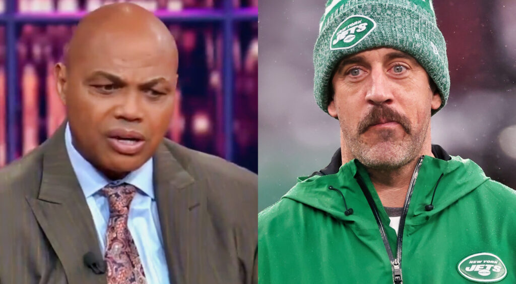 Photo of Charles Barkley in suit and photo of Aaron Rodgers in Jets gear