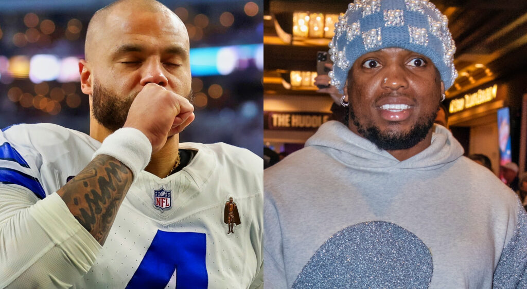 Photo of Dak Prescott with his eyes closed and photo of Derrick Henry smiling