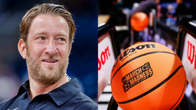 Photo of Dave Portnow smiling and photo of Wilson basketball bearing March Madness signage