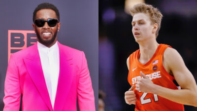 Photo of Diddy smiling and photo of Brendan Paul in Syracuse jersey