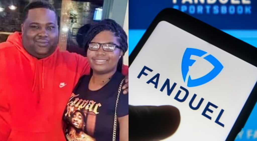 Photo of FanDuel bettor and photo of FanDuel logo on mobile phone