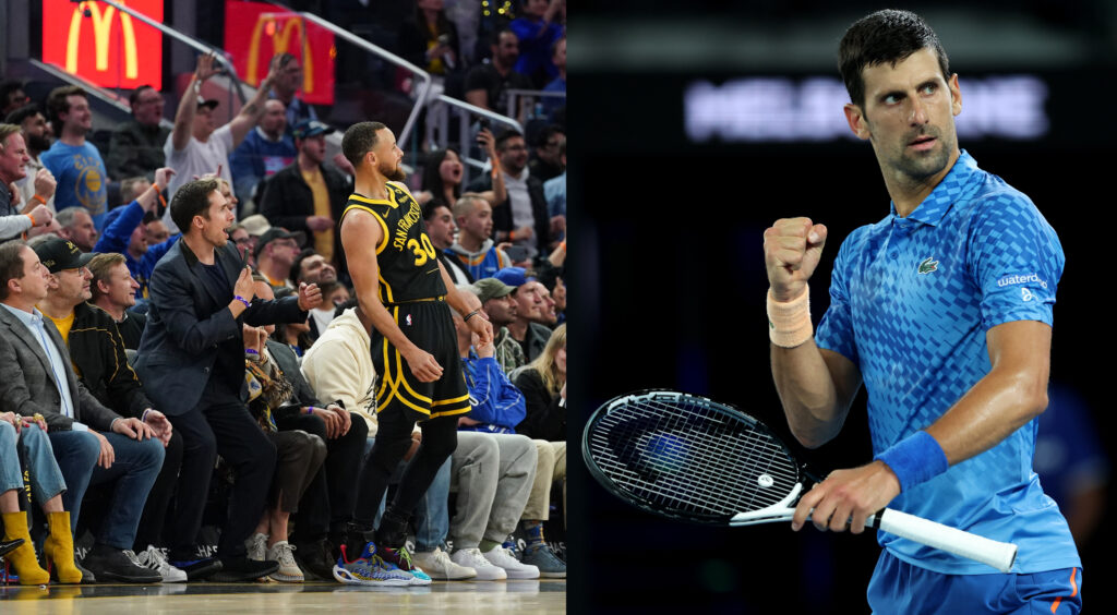 Stephen Curry exchanges match-worn jersey for tennis racquet with Djokovic