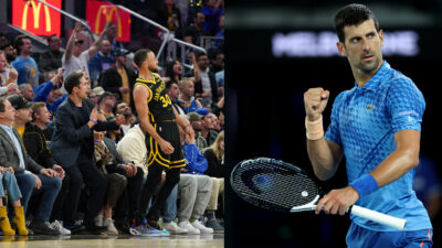 Stephen Curry exchanges match-worn jersey for tennis racquet with Djokovic