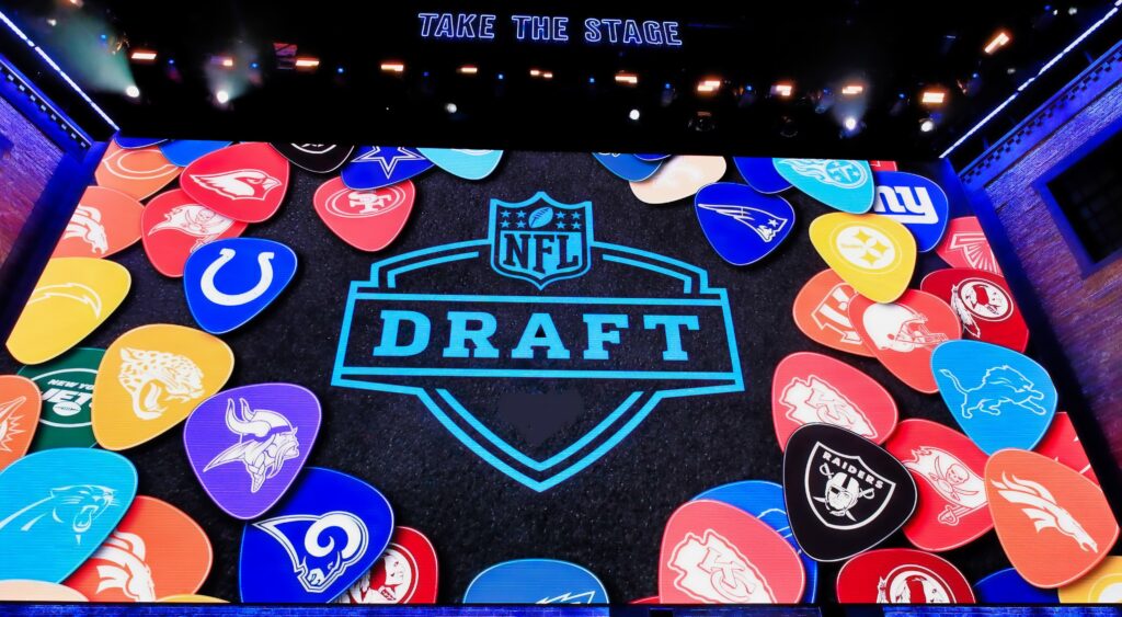 NFL Draft logo with all the team logos on the video board.