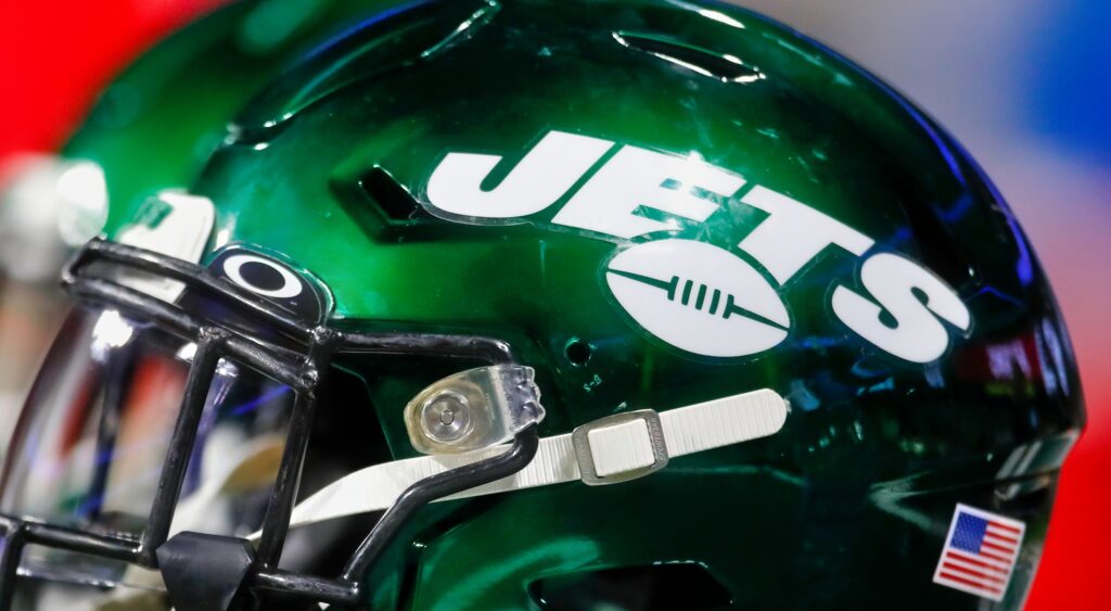 Closeup of the Jets logo on a helmet.