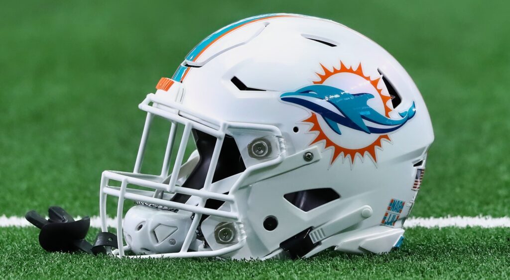 Miami Dolphins helmet shown on field.