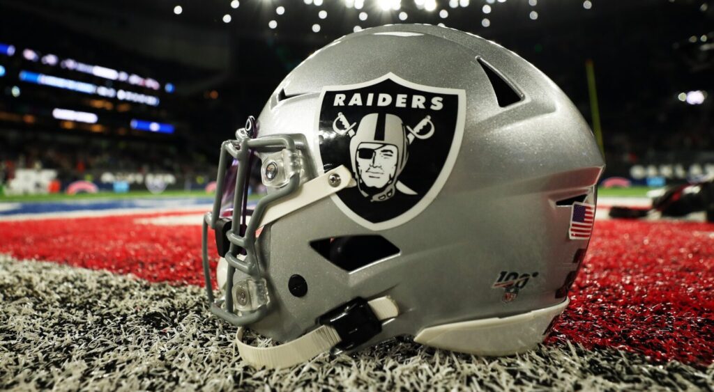 Las Vegas Raiders helmet shown on field.