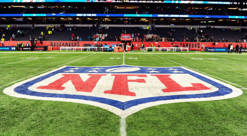 NFL logo on the field before a game.