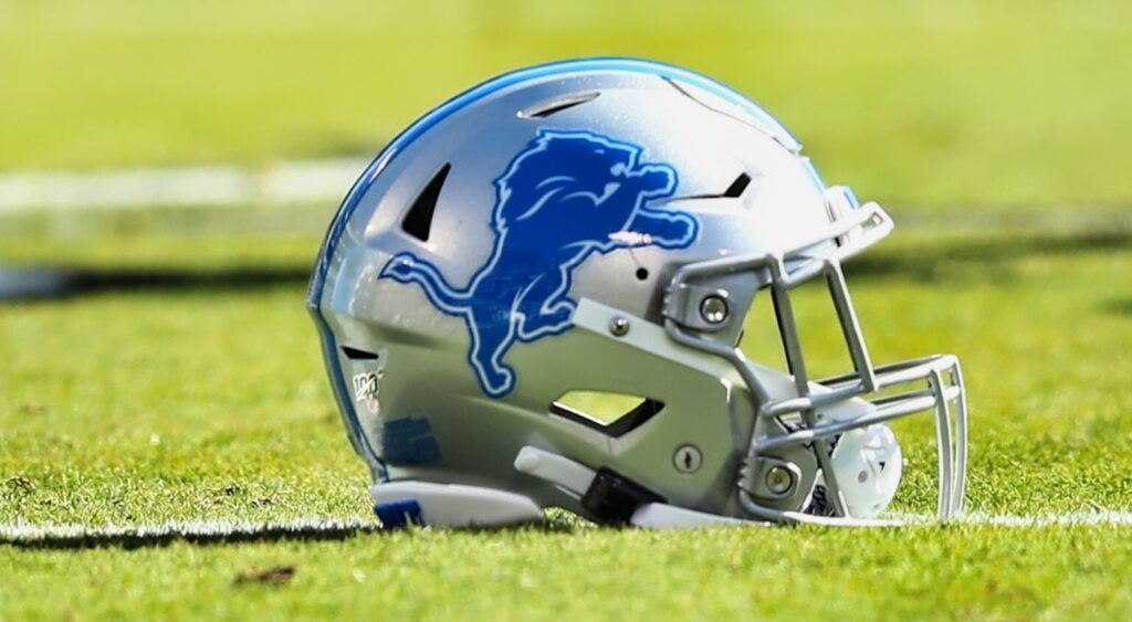 Detroit Lions helmet shown on field.