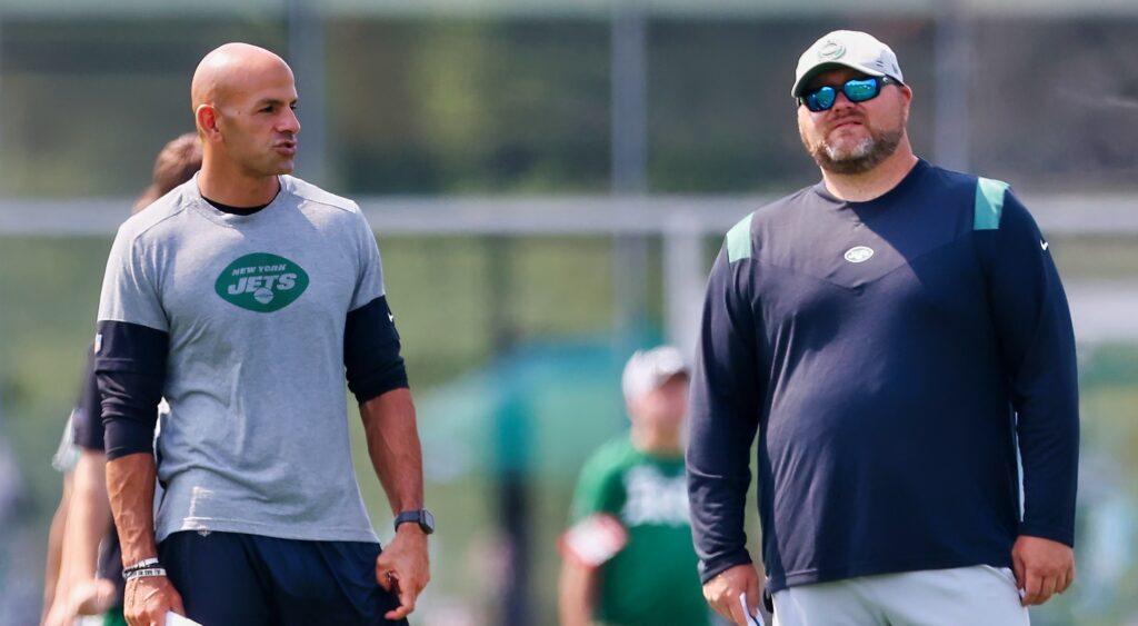 New York Jets head coach Robert Saleh (left) and GM Joe Douglas (right) looking on.