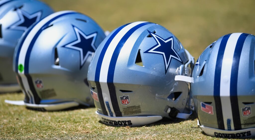 Cowboys helmets on the field.