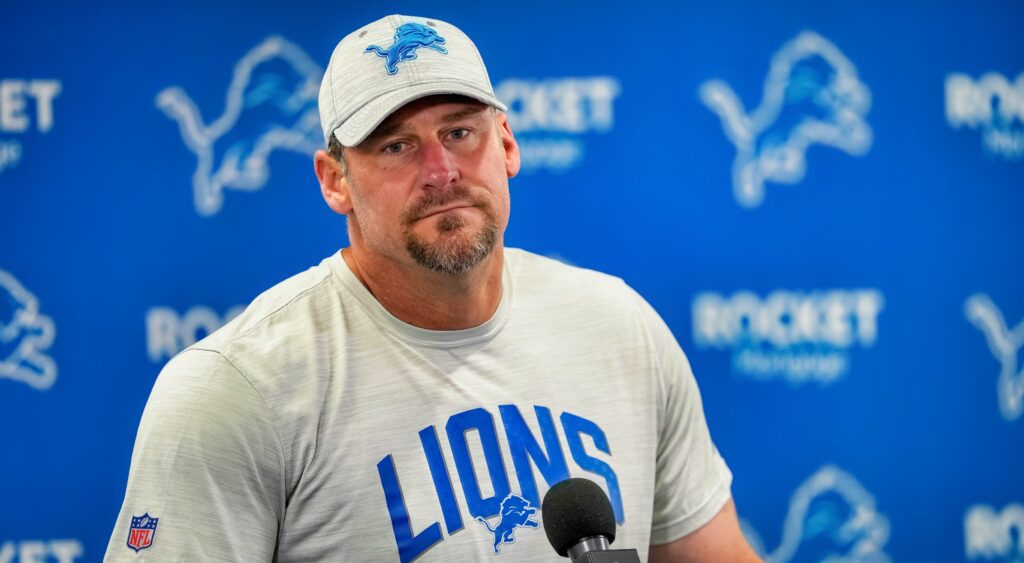 Detroit Lions head coach Dan Campbell speaks at a press conference.