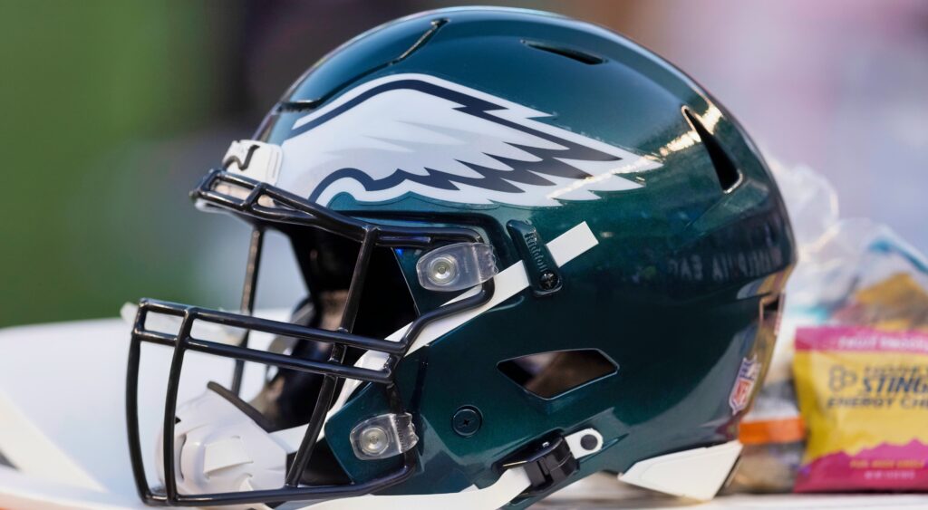 Philadelphia Eagles helmet shown on sideline.