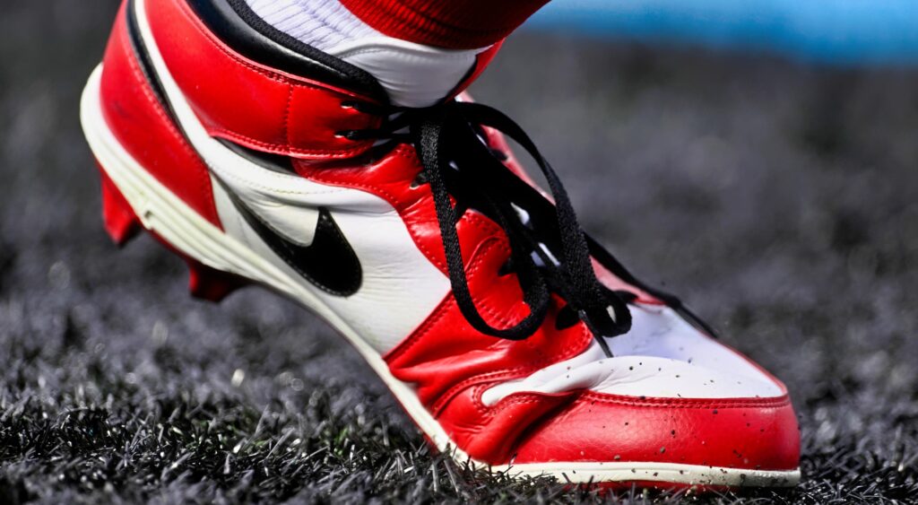 An NFL player's cleat. The Chiefs signed former rugby star Louis Rees-Zammit, who might now be the fastest player in the league.