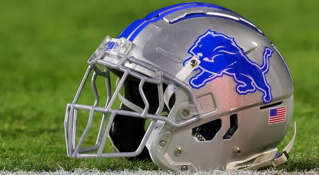 Detroit Lions helmet shown on field. Romeo Okwara played for the Lions before retiring.