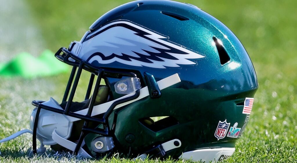 An Eagles helmet on the field. The team just signed wide receiver Parris Campbell.