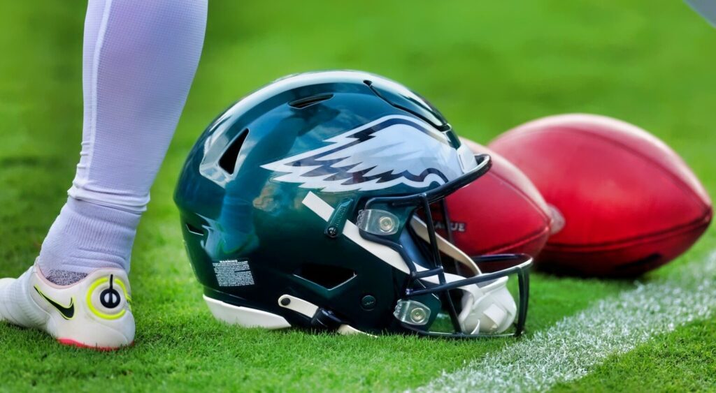 Philadelphia Eagles helmet shown on field.
