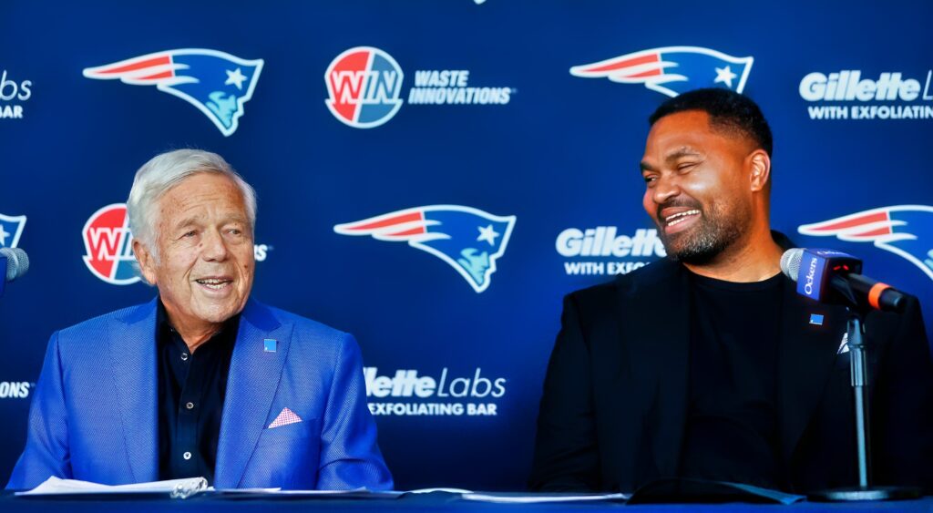 New England Patriots owner Robert Kraft and Jerod Mayo at a press conference.