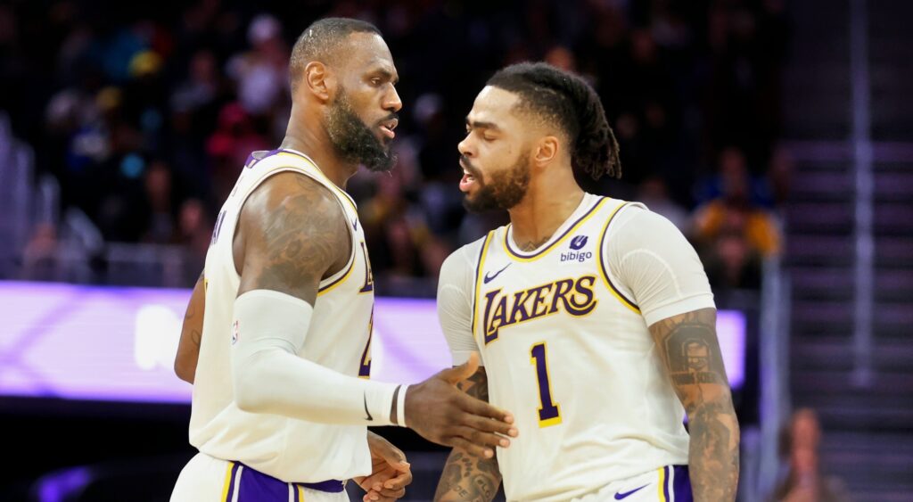 LeBron James and D'Angelo Russell during a game.