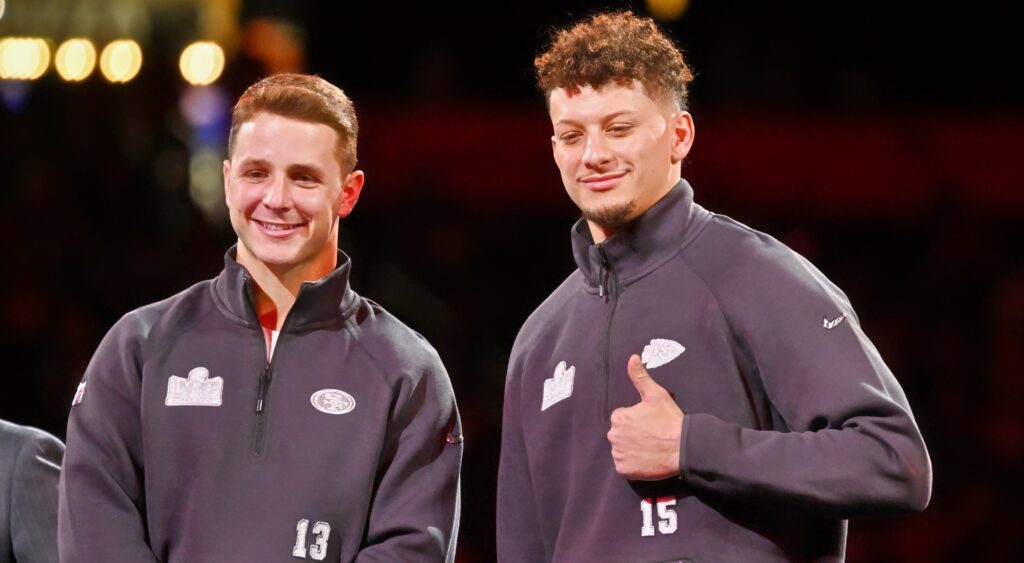 Brock Purdy (left) and Patrick Mahomes (right) on stage for Super Bowl week.