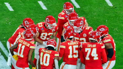 Chiefs huddling up during Super Bowl 58