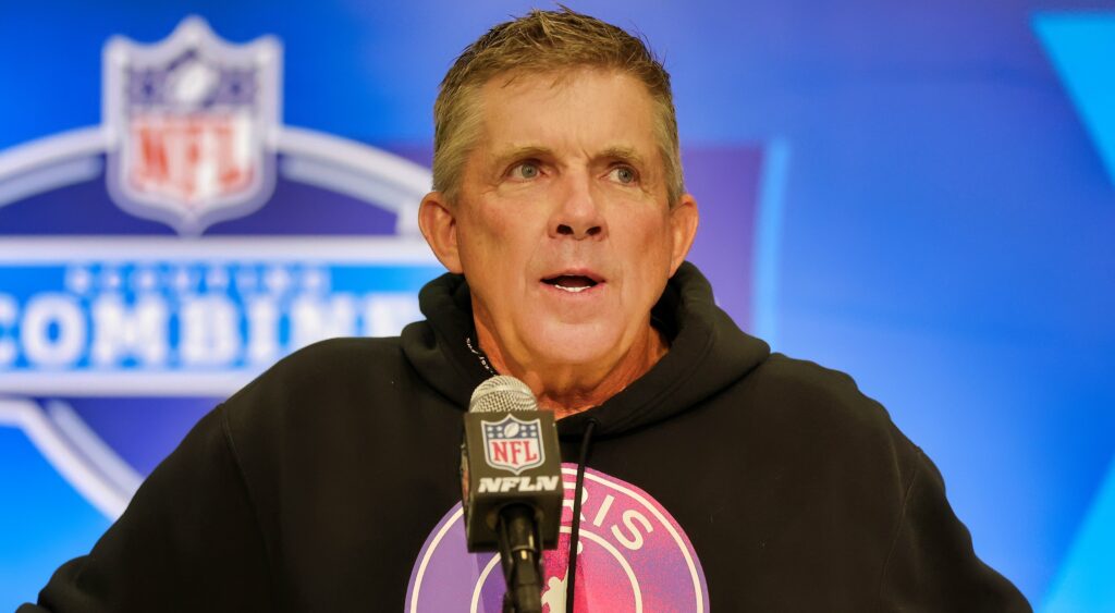 Sean payton talks during a press conference.