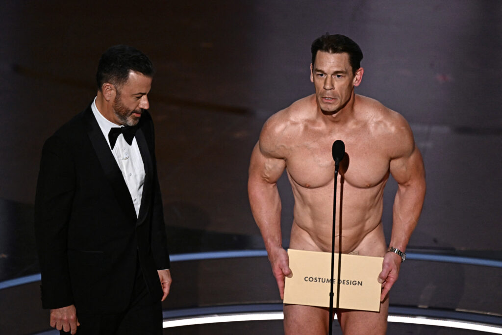 Jimmy Kimmel looking at a naked John Cena