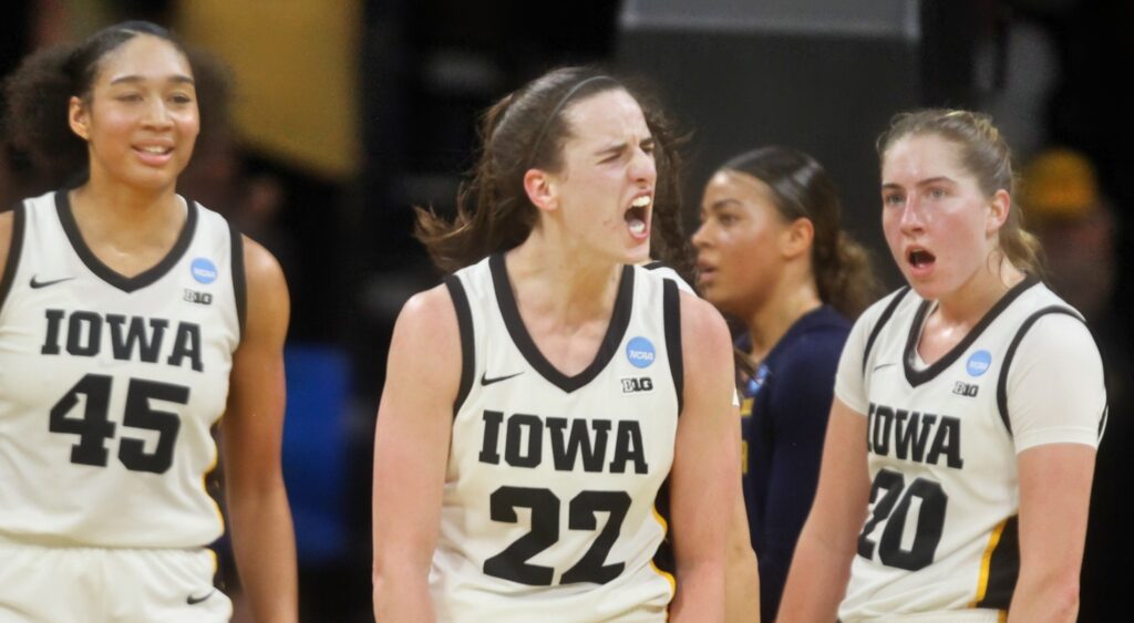 Caitlin Clark of Iowa Hawkeyes reacting during game.