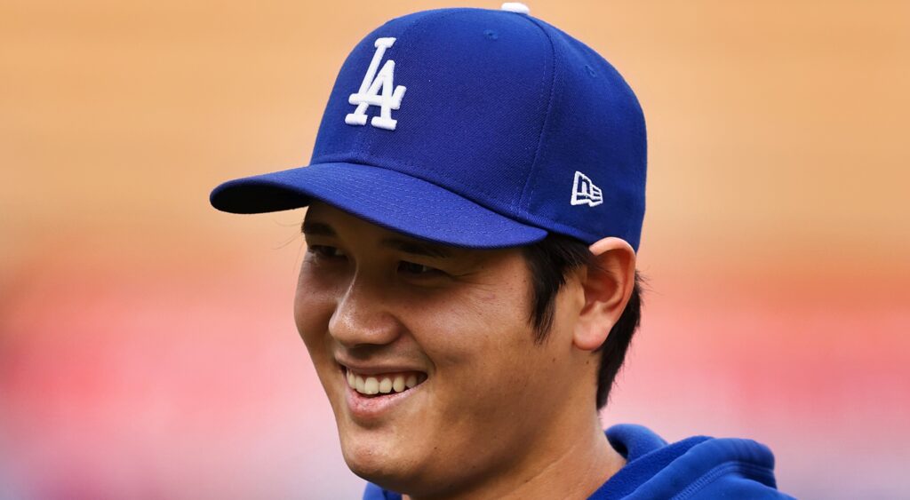 ShoHei Ohtani smiling in Dodgers gear