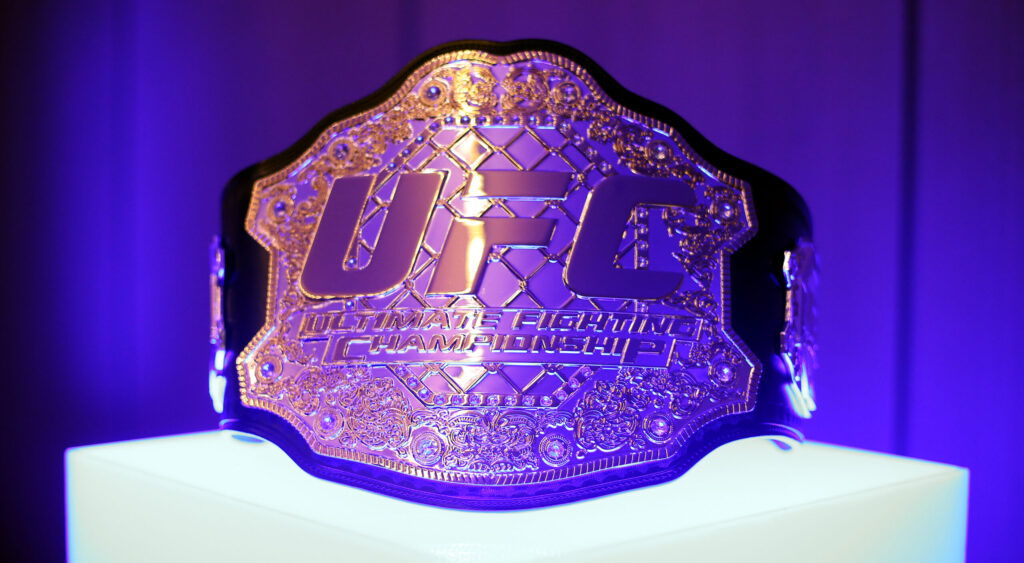 LONDON, ENGLAND - MARCH 6:  The Ultimate Fighting Championship belt on display during the Leaders UFC Breakfast at the Cafe Royal Hotel on March 6, 2014 in London, England. (Photo by Stephen Pond/Getty Images)