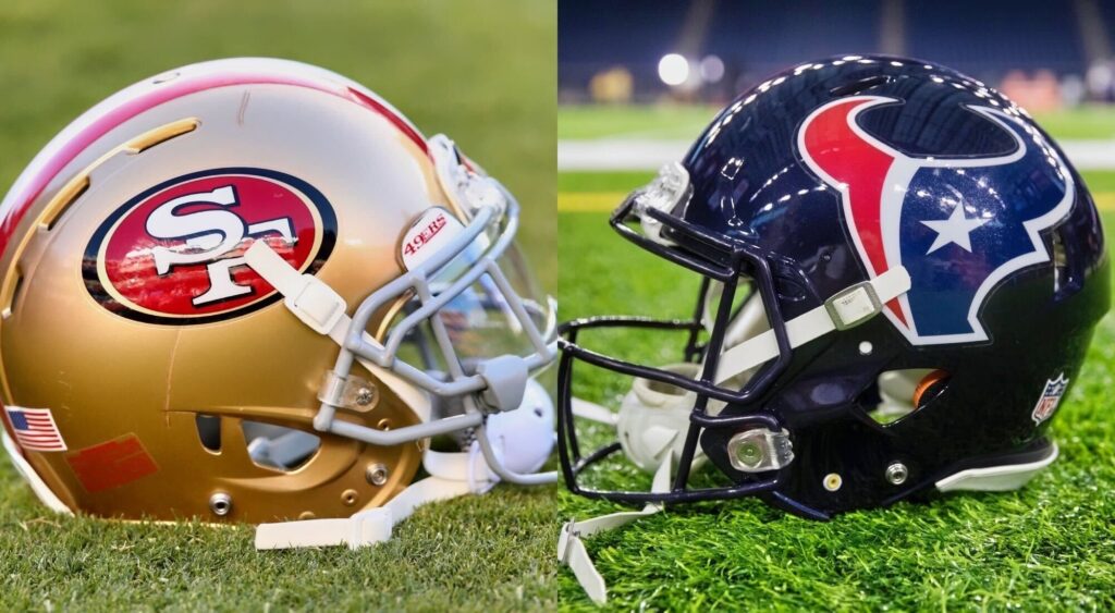 49ers and texans helmet on ground