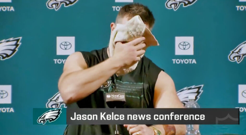 Jason Kelce wiping his face