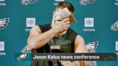 Jason Kelce wiping his face