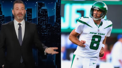 Photo of Jimmy Kimmel gesturing and photo of Aaron Rodgers in Jets uniform