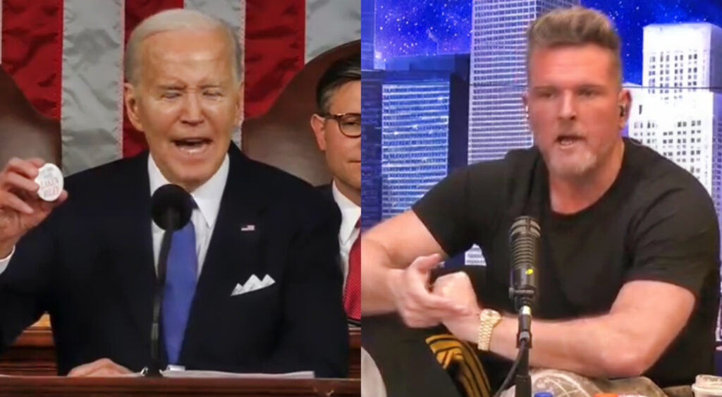 Photos of Joe Biden and Pat McAfee speaking into microphones