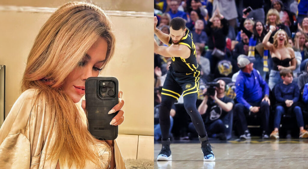 Photo of Katherine Taylor taking selfie and photo of Katherine Taylor celebrating Steph Curry shot