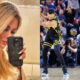 Photo of Katherine Taylor taking selfie and photo of Katherine Taylor celebrating Steph Curry shot