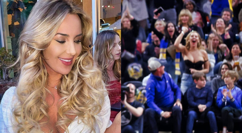 Photo of Katherine Taylor smiling and photo of Katherine Taylor cheering at Warriors game